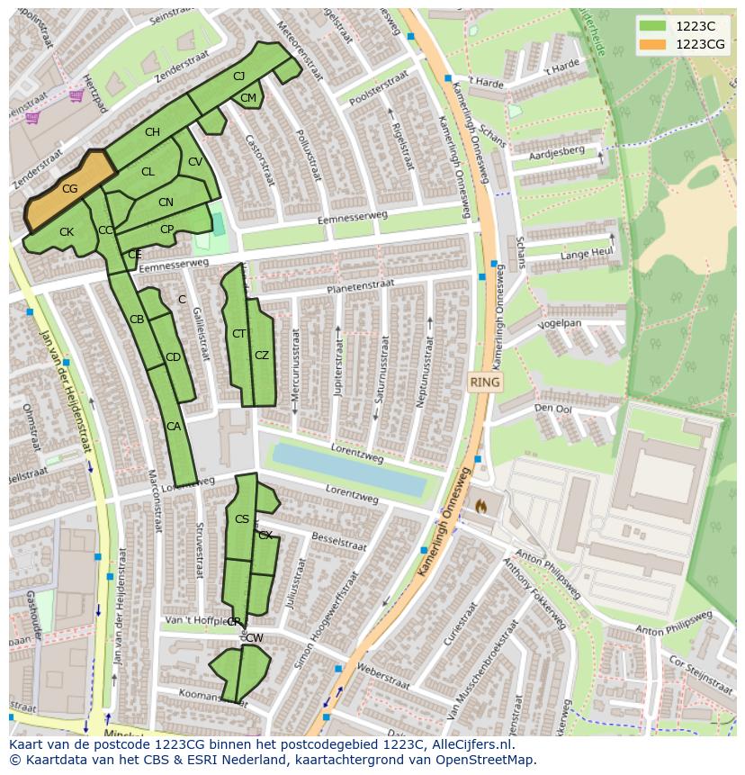 Afbeelding van het postcodegebied 1223 CG op de kaart.