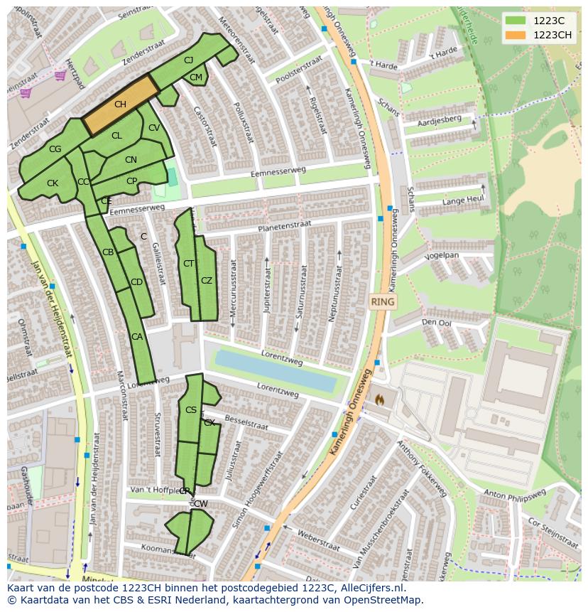 Afbeelding van het postcodegebied 1223 CH op de kaart.