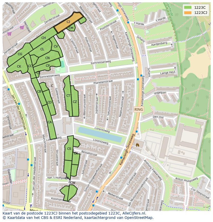 Afbeelding van het postcodegebied 1223 CJ op de kaart.
