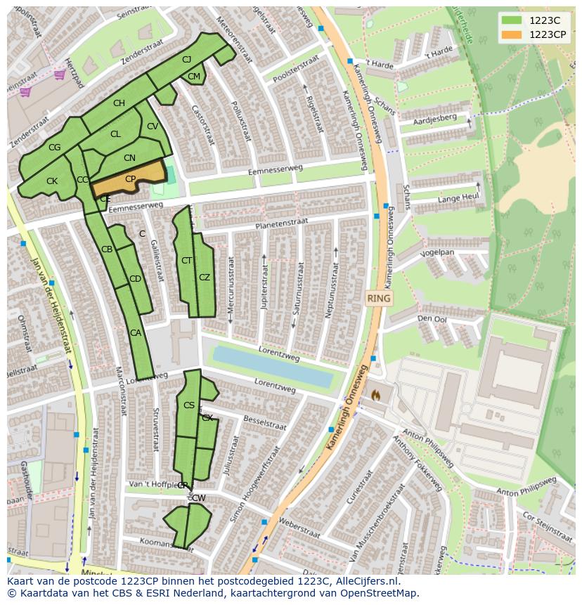 Afbeelding van het postcodegebied 1223 CP op de kaart.