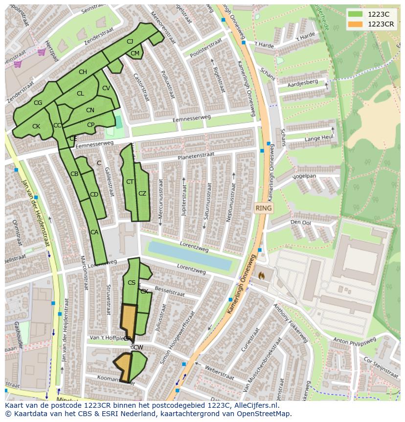 Afbeelding van het postcodegebied 1223 CR op de kaart.