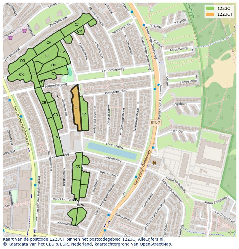 Afbeelding van het postcodegebied 1223 CT op de kaart.