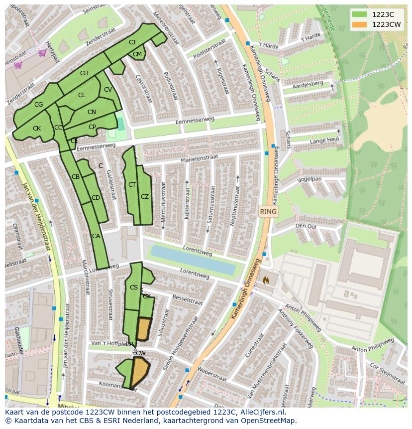 Afbeelding van het postcodegebied 1223 CW op de kaart.