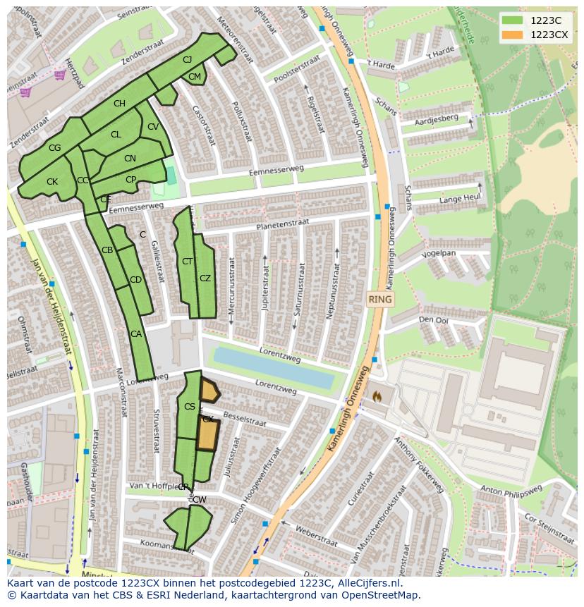 Afbeelding van het postcodegebied 1223 CX op de kaart.