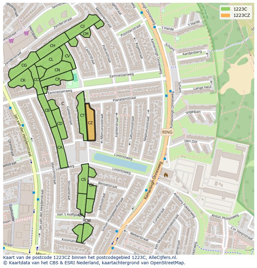 Afbeelding van het postcodegebied 1223 CZ op de kaart.