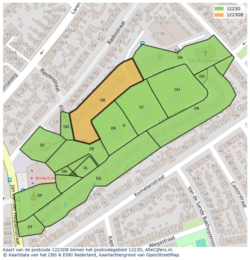 Afbeelding van het postcodegebied 1223 DB op de kaart.