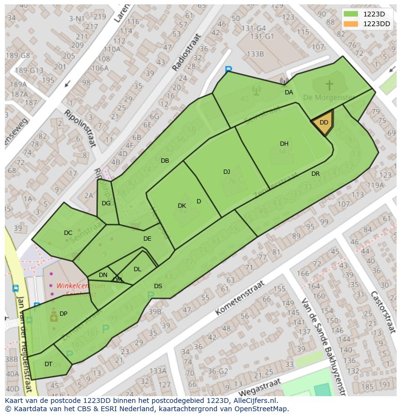 Afbeelding van het postcodegebied 1223 DD op de kaart.