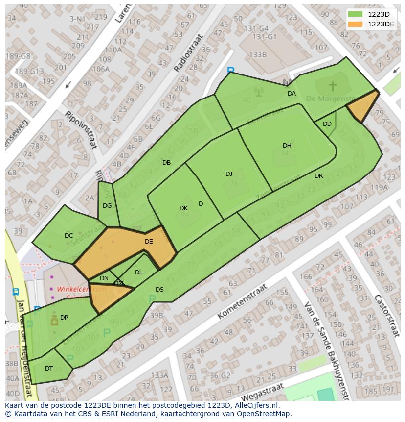 Afbeelding van het postcodegebied 1223 DE op de kaart.