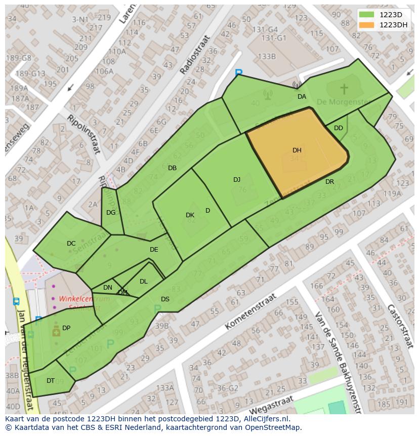 Afbeelding van het postcodegebied 1223 DH op de kaart.