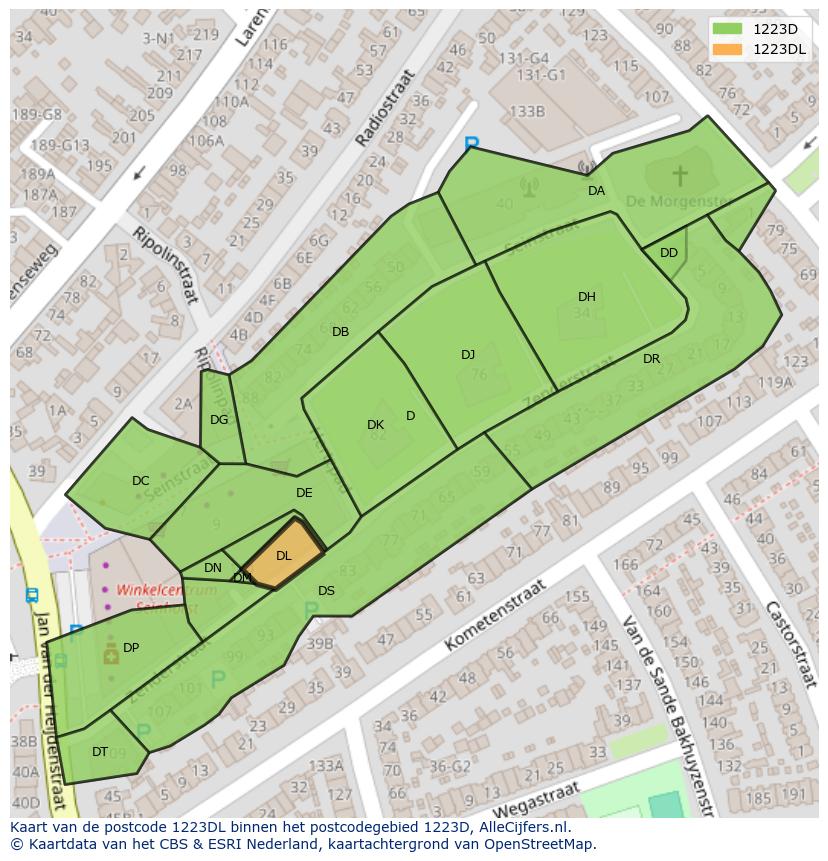 Afbeelding van het postcodegebied 1223 DL op de kaart.