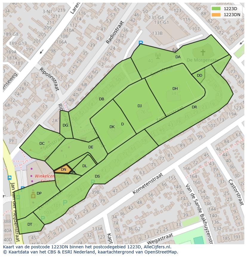 Afbeelding van het postcodegebied 1223 DN op de kaart.