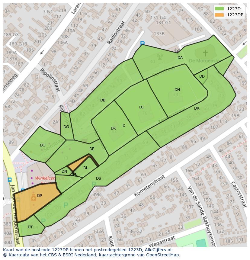Afbeelding van het postcodegebied 1223 DP op de kaart.
