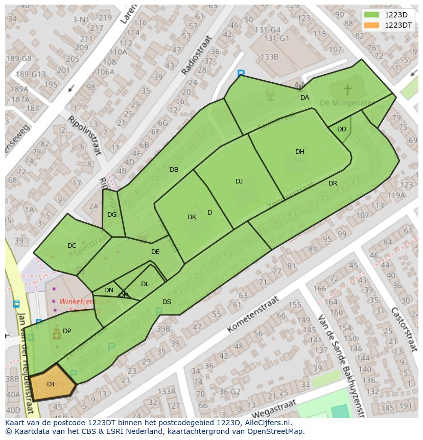 Afbeelding van het postcodegebied 1223 DT op de kaart.