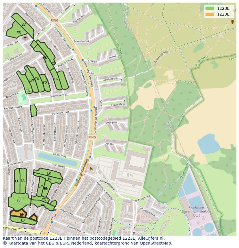 Afbeelding van het postcodegebied 1223 EH op de kaart.