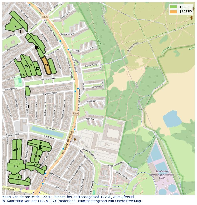Afbeelding van het postcodegebied 1223 EP op de kaart.