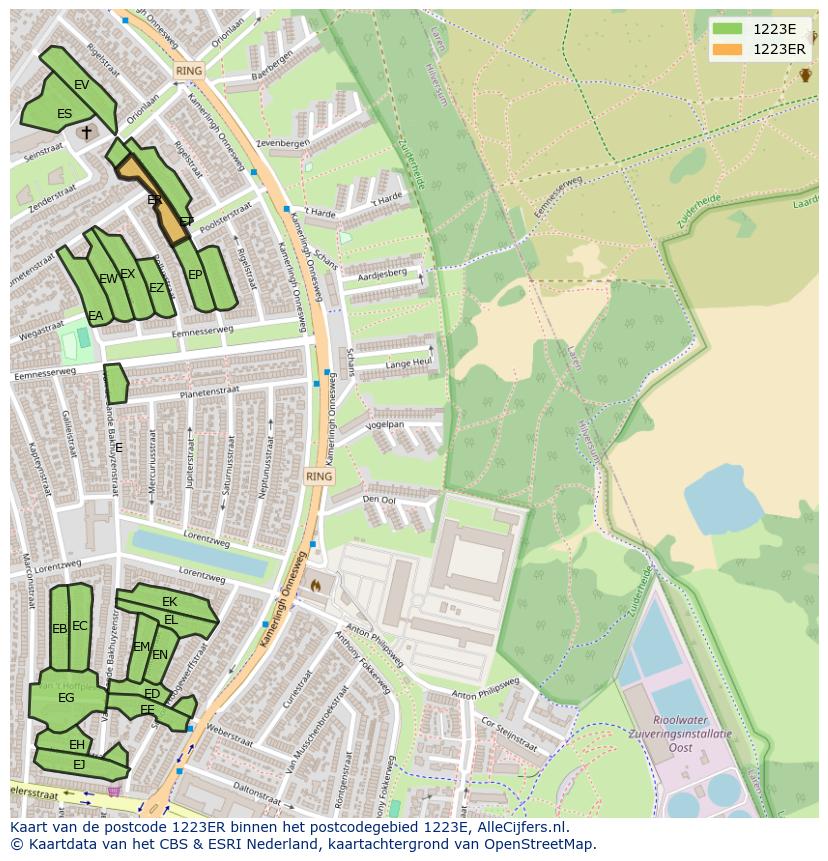 Afbeelding van het postcodegebied 1223 ER op de kaart.