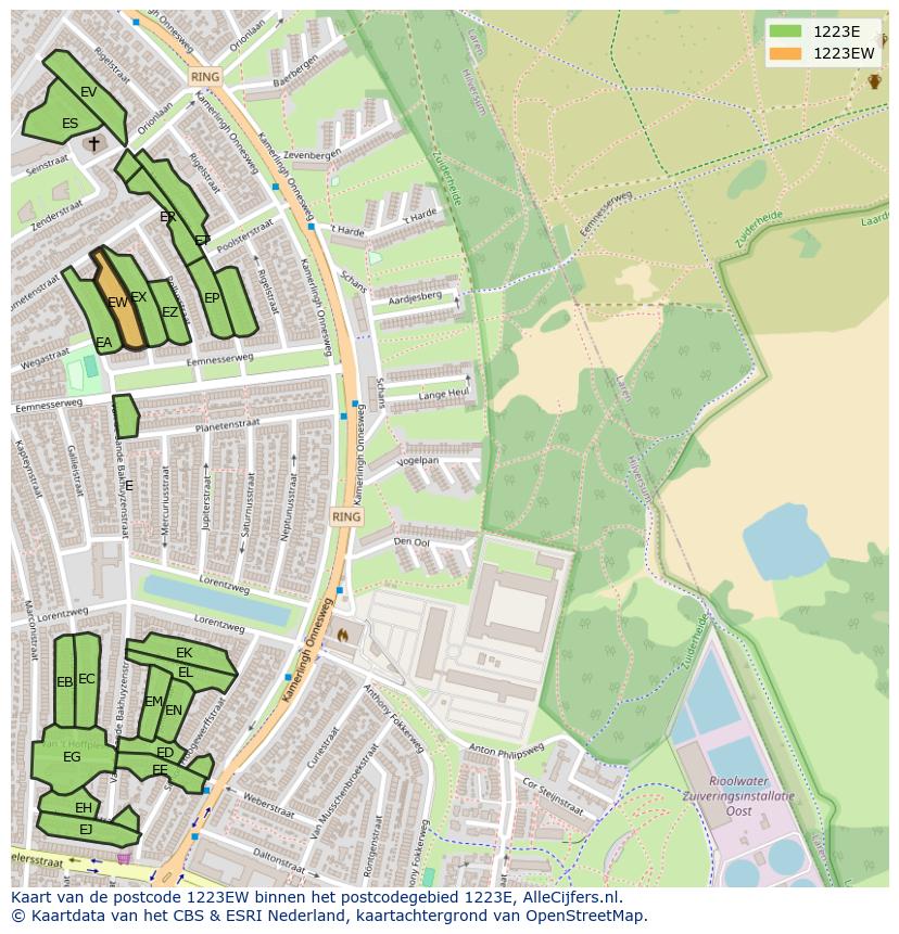Afbeelding van het postcodegebied 1223 EW op de kaart.