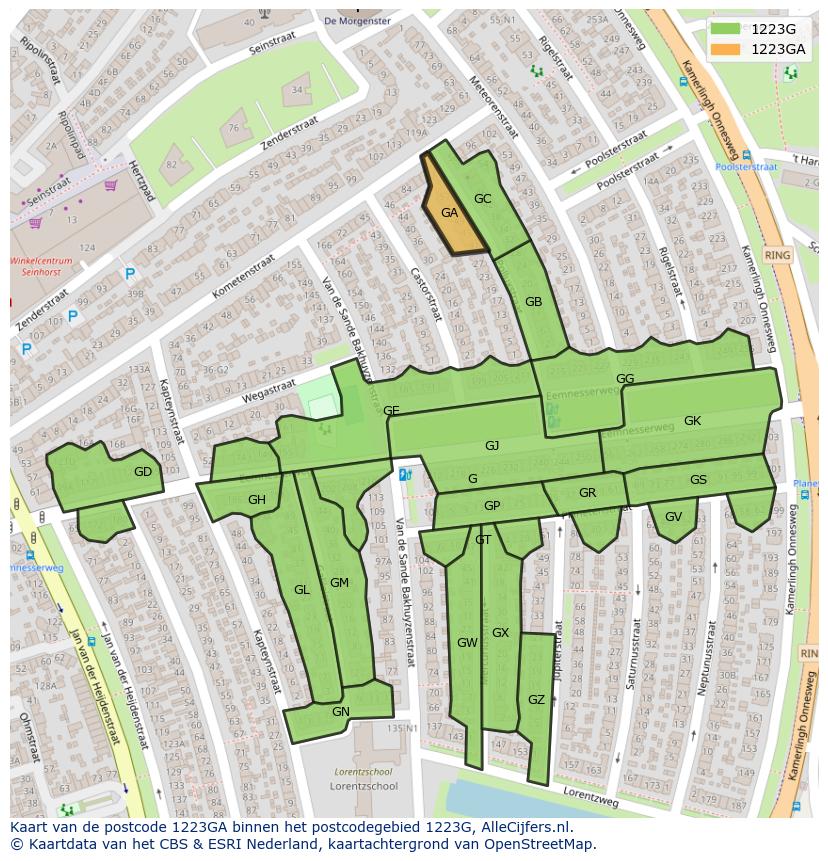 Afbeelding van het postcodegebied 1223 GA op de kaart.