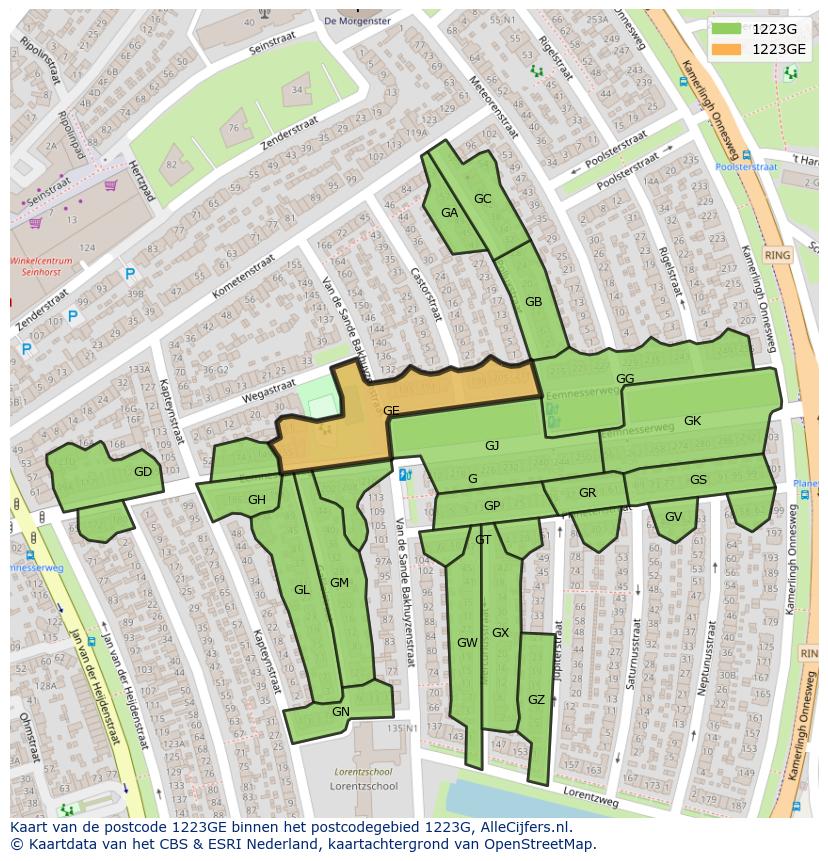 Afbeelding van het postcodegebied 1223 GE op de kaart.