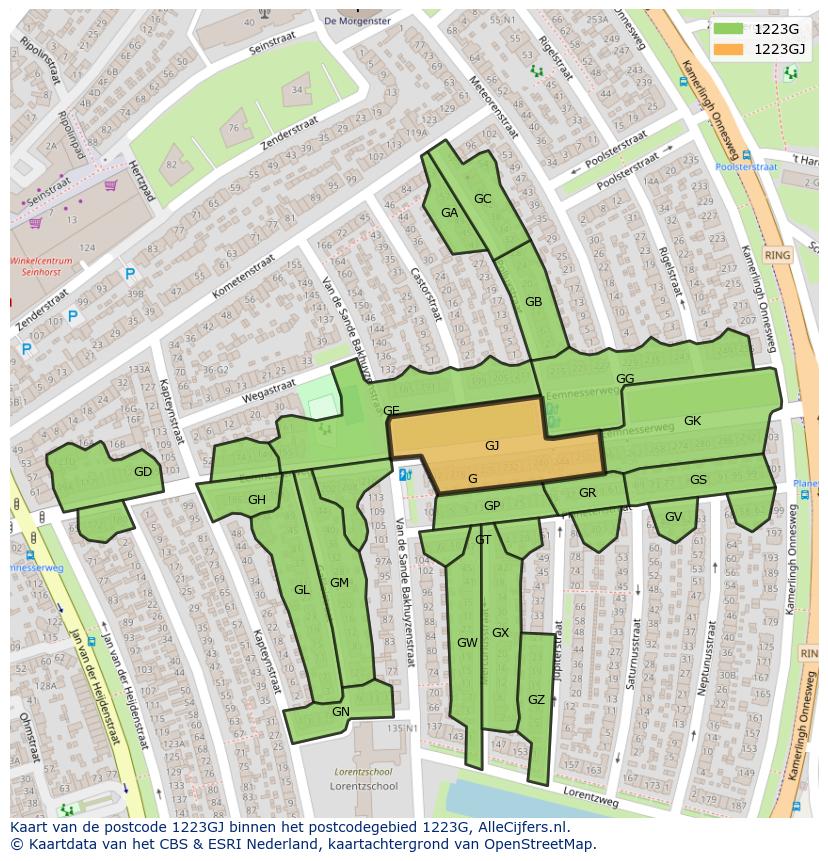 Afbeelding van het postcodegebied 1223 GJ op de kaart.