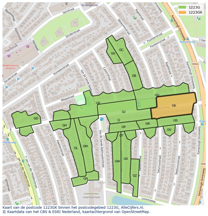 Afbeelding van het postcodegebied 1223 GK op de kaart.
