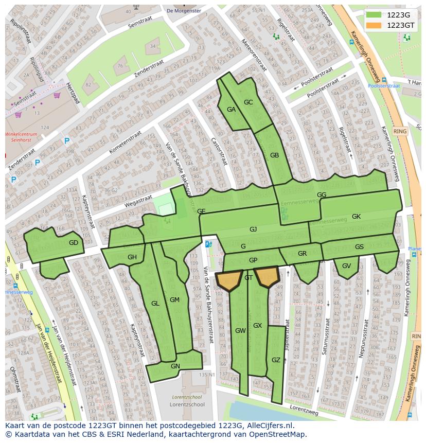 Afbeelding van het postcodegebied 1223 GT op de kaart.