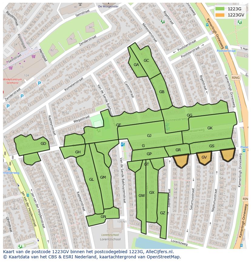 Afbeelding van het postcodegebied 1223 GV op de kaart.