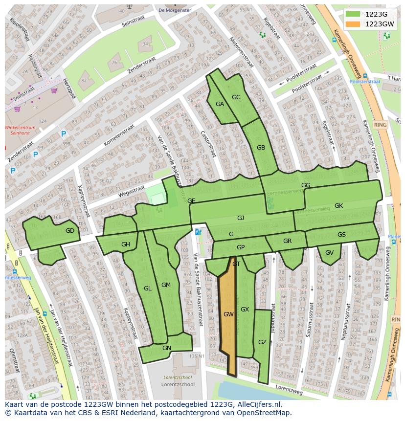 Afbeelding van het postcodegebied 1223 GW op de kaart.