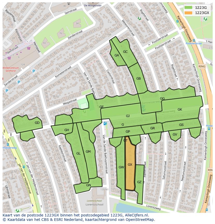 Afbeelding van het postcodegebied 1223 GX op de kaart.