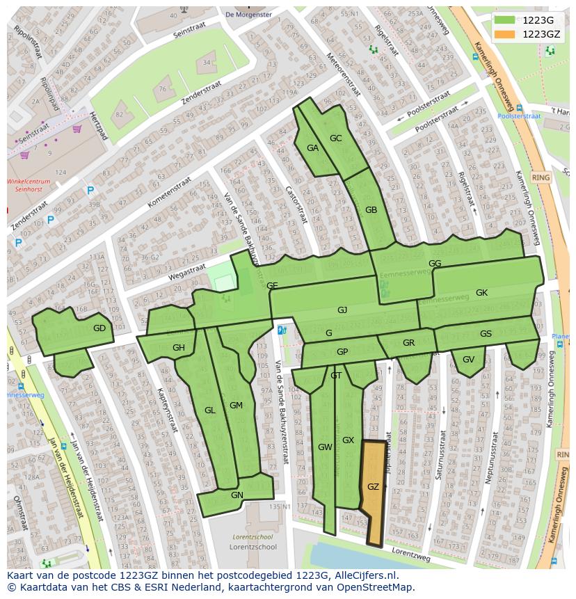 Afbeelding van het postcodegebied 1223 GZ op de kaart.