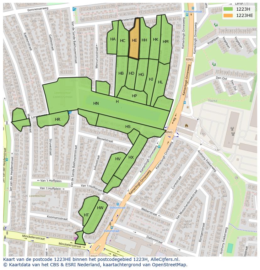 Afbeelding van het postcodegebied 1223 HE op de kaart.