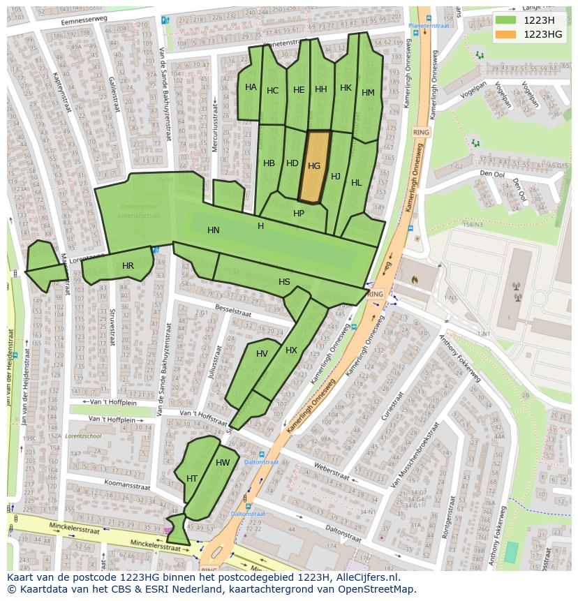 Afbeelding van het postcodegebied 1223 HG op de kaart.