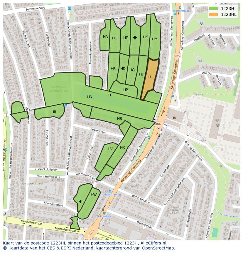 Afbeelding van het postcodegebied 1223 HL op de kaart.