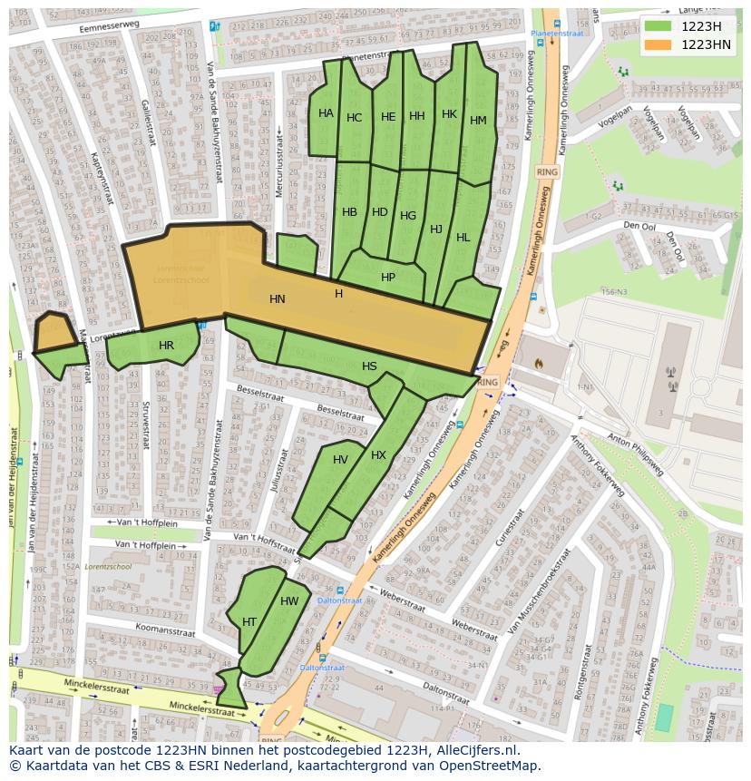 Afbeelding van het postcodegebied 1223 HN op de kaart.