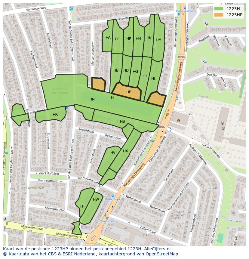 Afbeelding van het postcodegebied 1223 HP op de kaart.