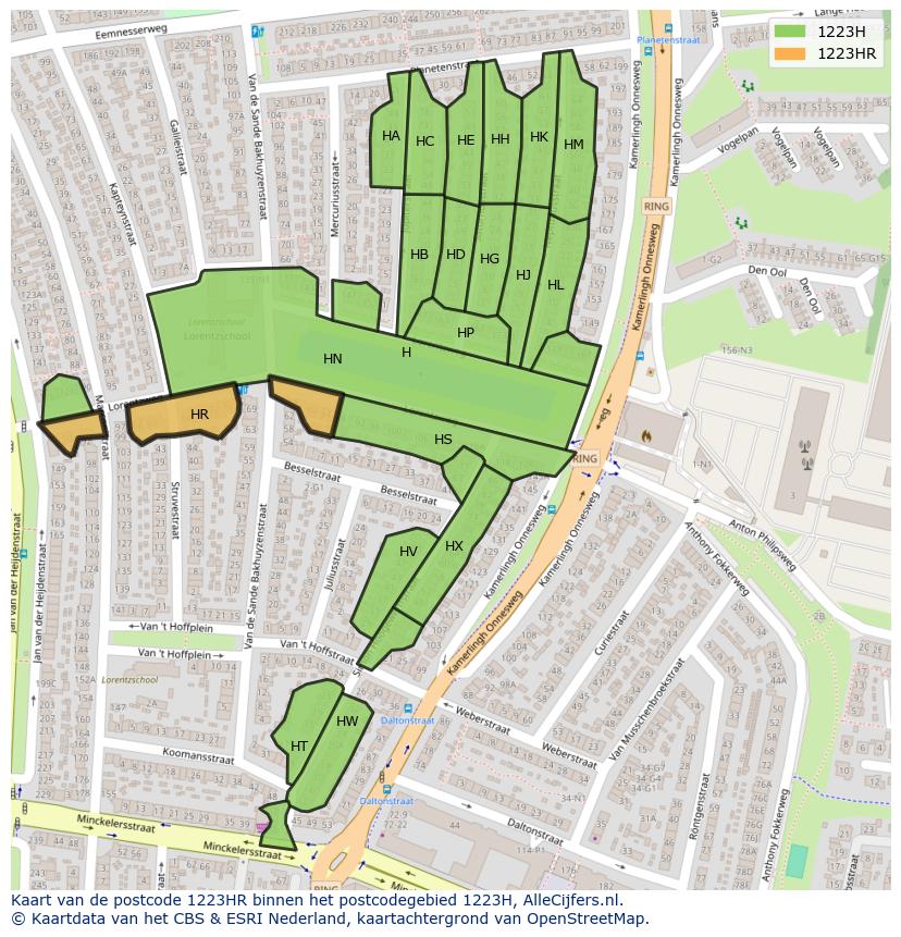 Afbeelding van het postcodegebied 1223 HR op de kaart.