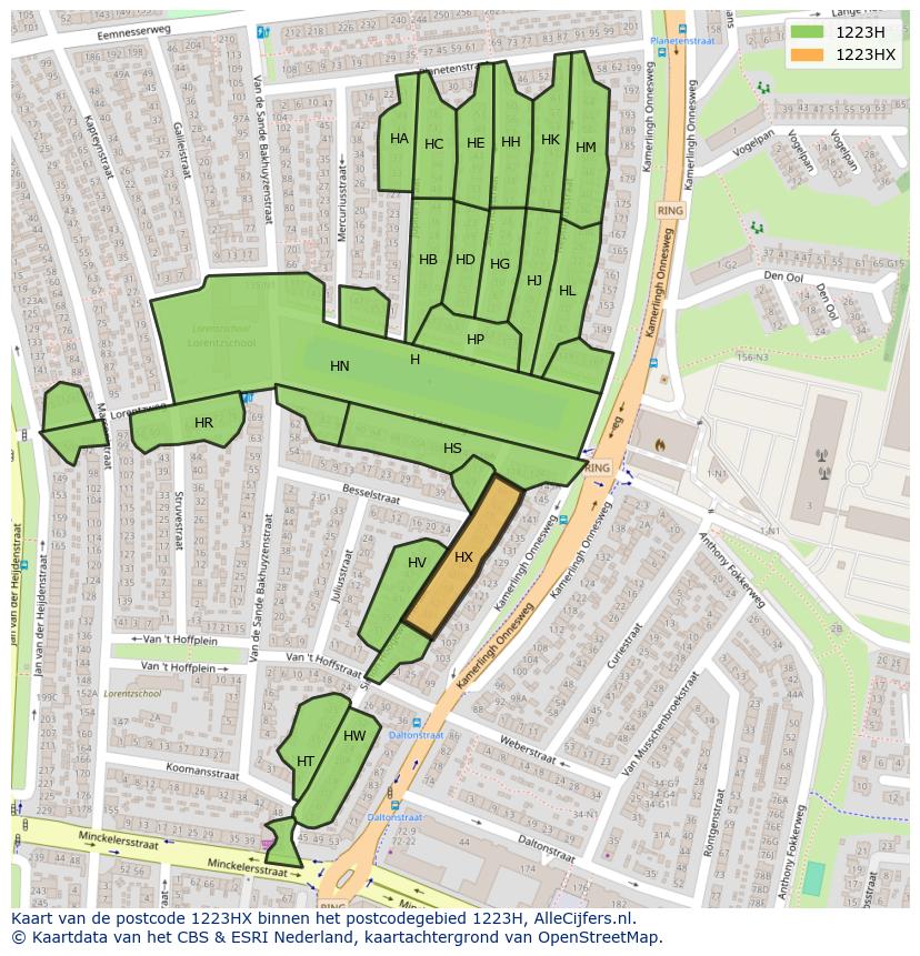 Afbeelding van het postcodegebied 1223 HX op de kaart.