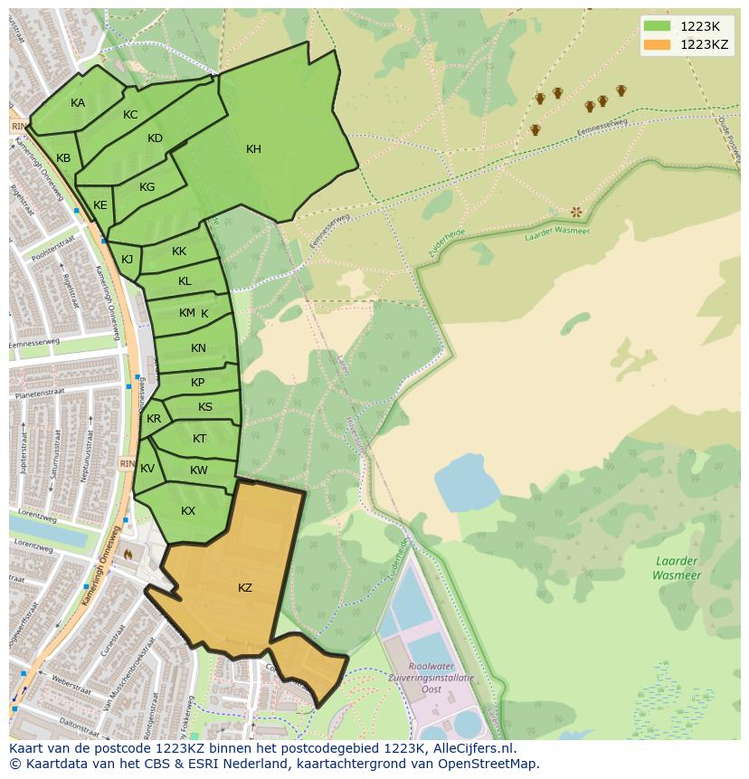 Afbeelding van het postcodegebied 1223 KZ op de kaart.