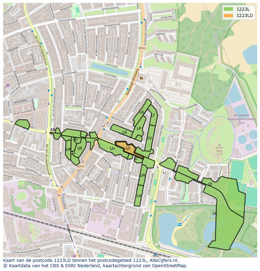 Afbeelding van het postcodegebied 1223 LD op de kaart.