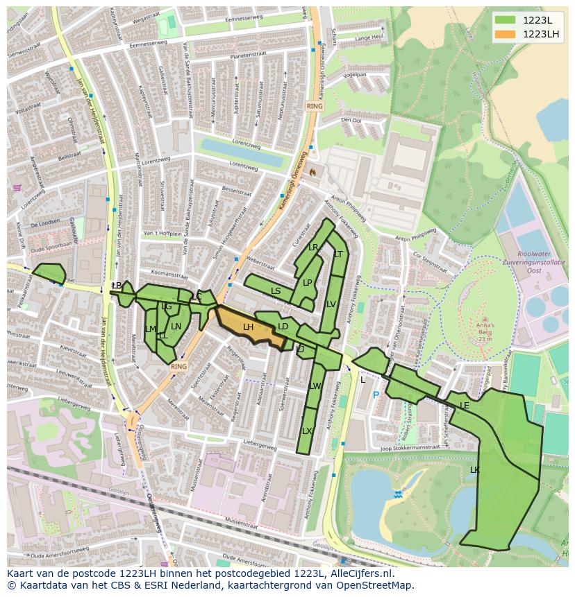 Afbeelding van het postcodegebied 1223 LH op de kaart.