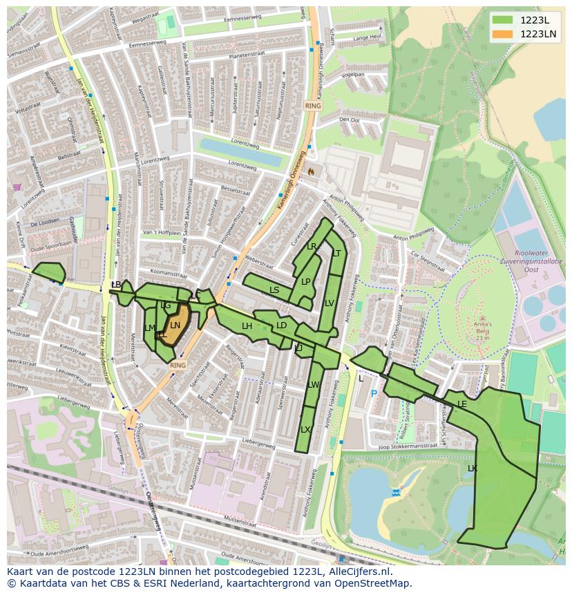 Afbeelding van het postcodegebied 1223 LN op de kaart.