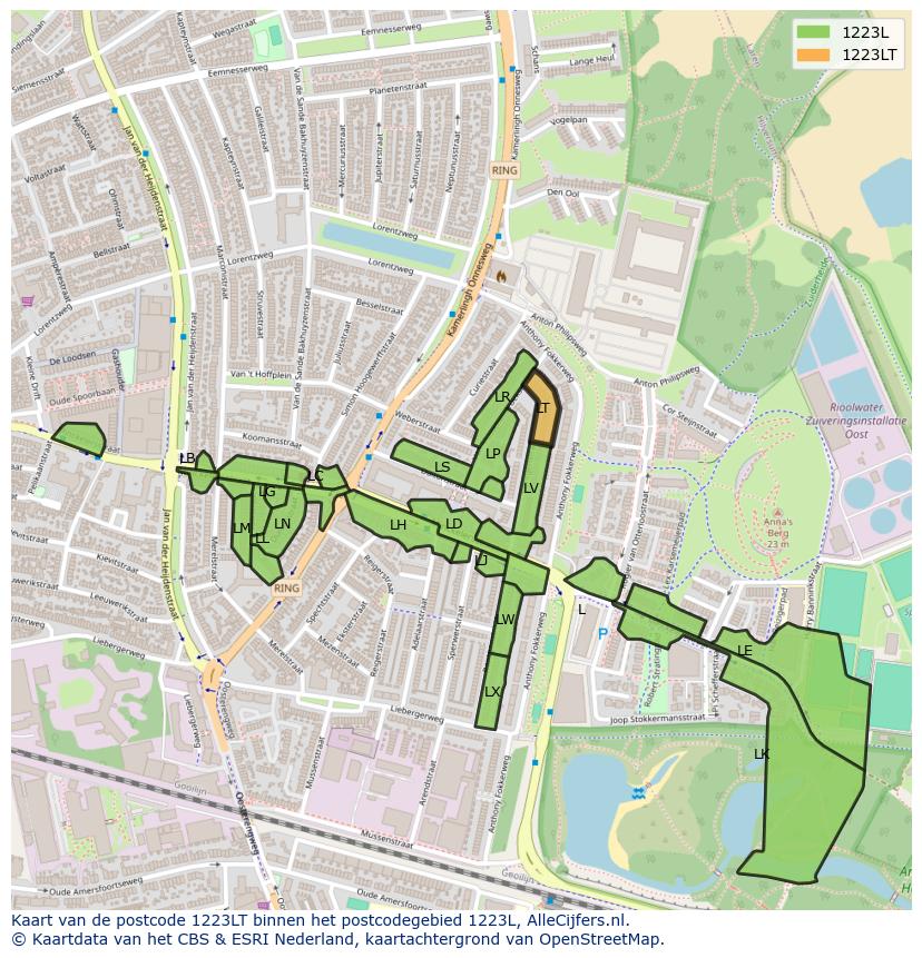 Afbeelding van het postcodegebied 1223 LT op de kaart.