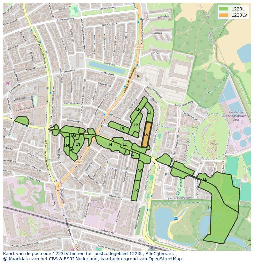 Afbeelding van het postcodegebied 1223 LV op de kaart.
