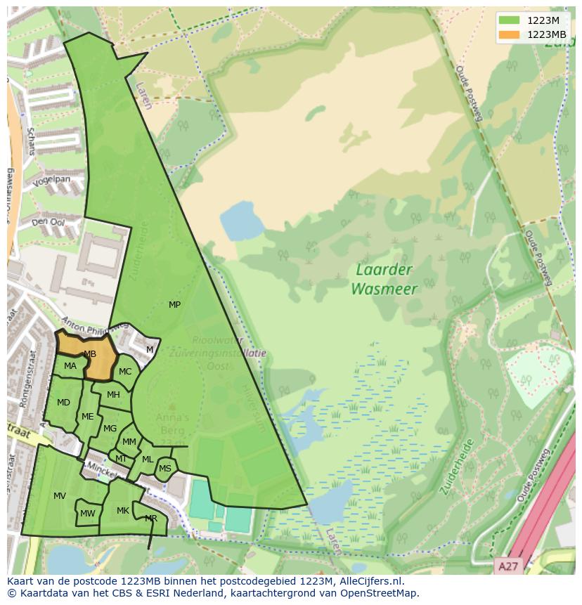 Afbeelding van het postcodegebied 1223 MB op de kaart.