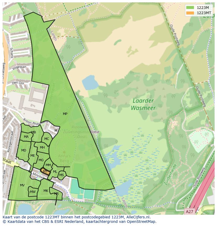 Afbeelding van het postcodegebied 1223 MT op de kaart.