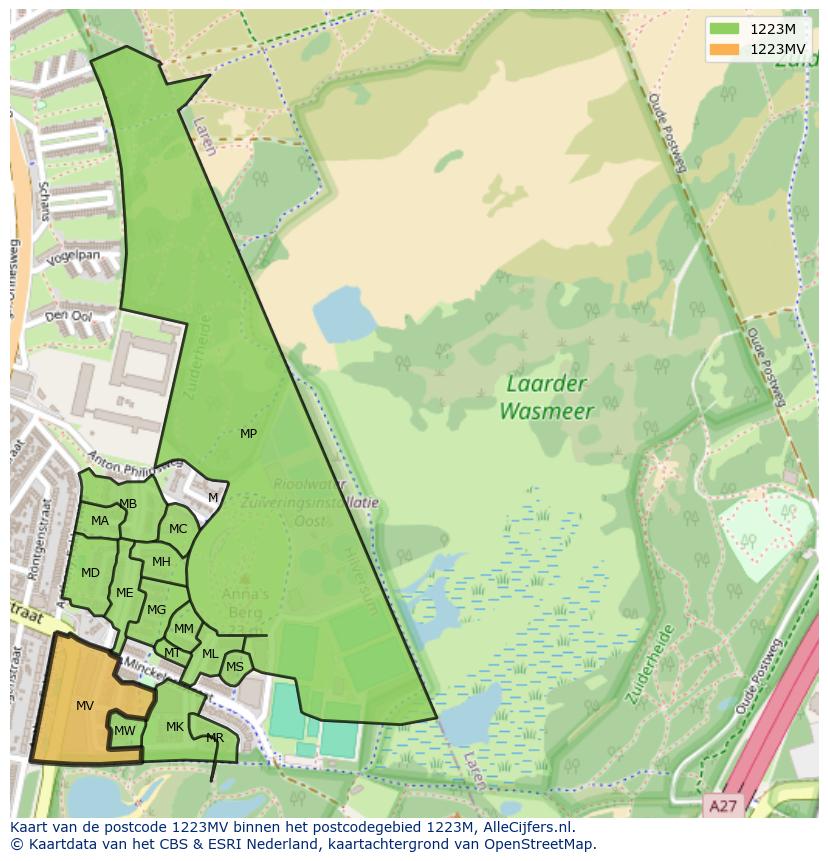 Afbeelding van het postcodegebied 1223 MV op de kaart.