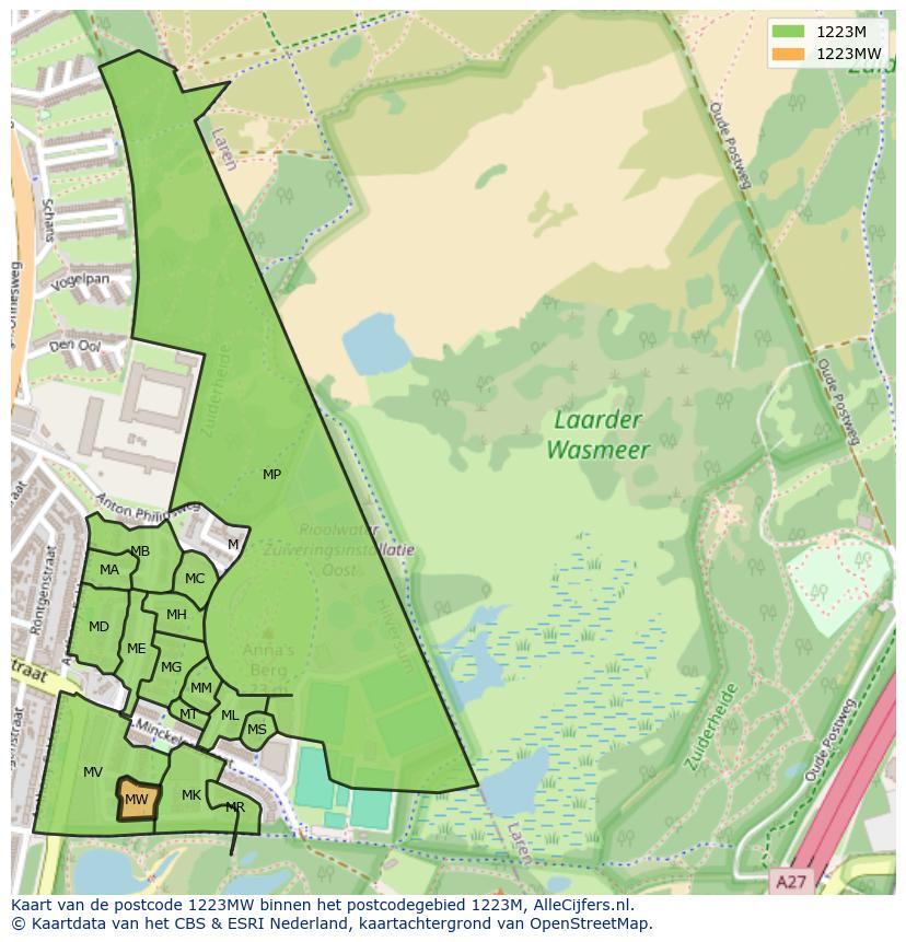 Afbeelding van het postcodegebied 1223 MW op de kaart.