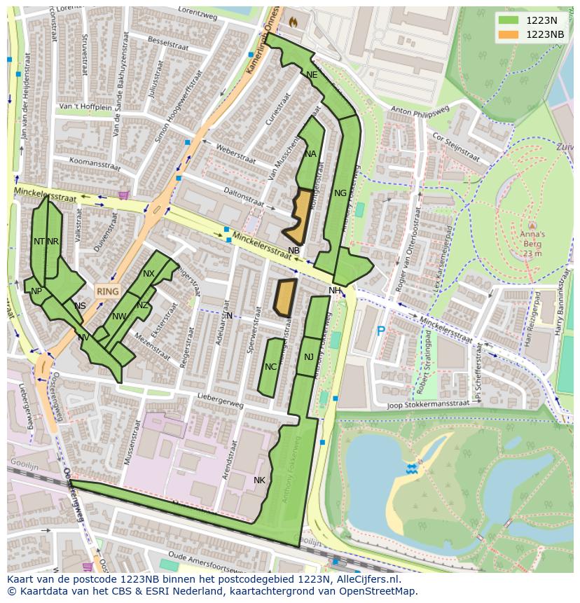 Afbeelding van het postcodegebied 1223 NB op de kaart.