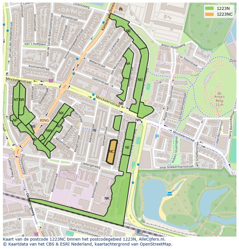 Afbeelding van het postcodegebied 1223 NC op de kaart.