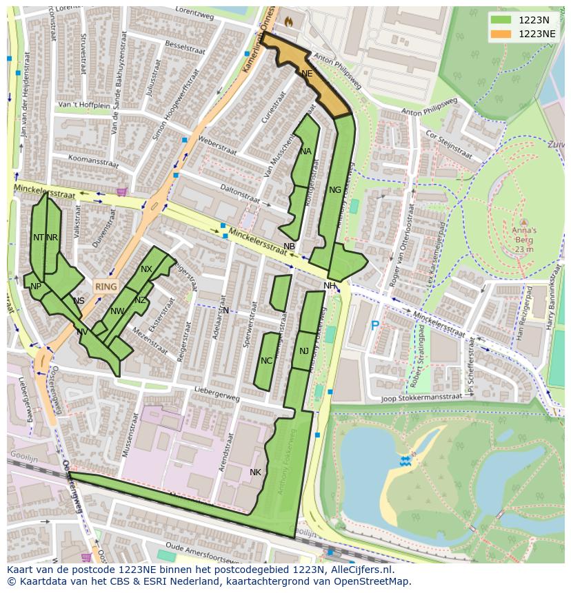 Afbeelding van het postcodegebied 1223 NE op de kaart.